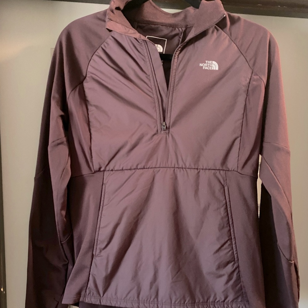 The North Face 1/4 Zip Jacket; size: Women’s Medium; color: burgundy or maroon.